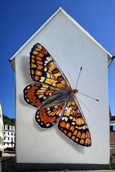 Streetartwall. On the outer wall of an approximately three-story house is sprayed / painted mural of a huge, impressive, realistic-looking, butterfly in the colors orange, yellow, black and white.
Scientific name: Euphydryas aurinia