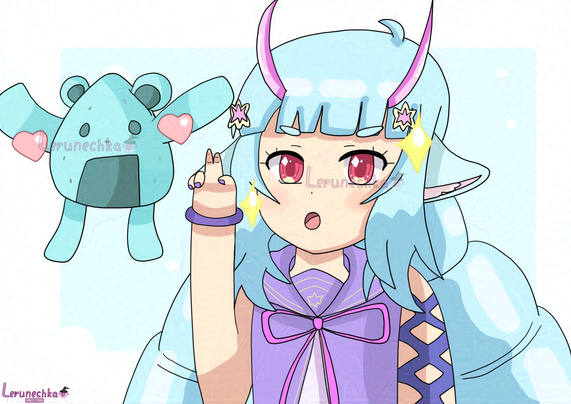 A drawing of a blue-haired girl with animal ears and pink horns, making a peace sign. A small blue onigiri bear can be also seen in the drawing. White background with blue square with white circles.