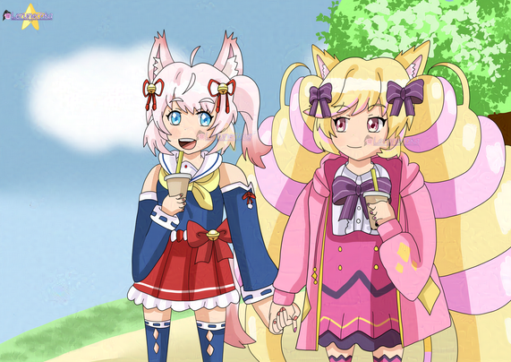 A drawing of a two girls with animal ears/tails, one is with light pink short hair/ponytail and second is blonde with two long striped twintals, having a boba tea in the park.