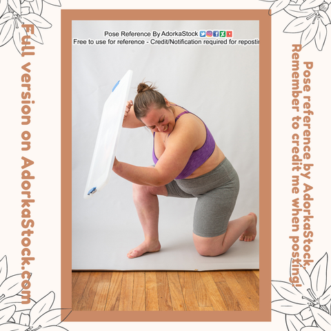 A pose of a woman holding a tupperware lid like a shield. She's down on one knee and leaning into the lid.