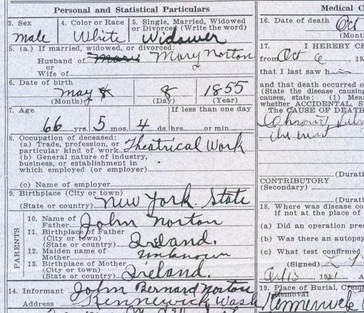 Photo of a portion of a death certificate showing several items, including “Theatrical Work” as the “Occupation of deceased” and “Kennewick, Wash.” as the address of the informant.