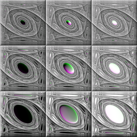 9 squares with intricate black and white curves surounding an oval hole with smaller odder shaped apertures around. On top the holes are small, on the bottom bigger. From left to right the squares look about the same except for the color of the holes. On the left mostly back, on the right mostly white. In the middle a shiny gradient from magenta to green.