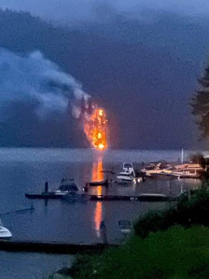 A photo of a wildfire across Lake Whatcom from the evening of August 28, 2023. Photo by Bradley James Lockhart