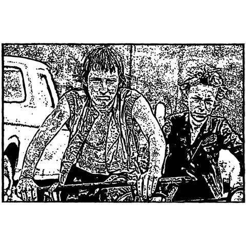 Pen drawing of two dirty kids scowling and riding bikes drawn on a white background with an unhewn border.