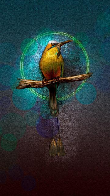 Illustrated phone wallpaper of a Turquoise-Browed Motmot, perched on a branch.  Behind the bird is a blue paper texture with a dark aqua blue gradient at the top and a wine red gradient at the bottom.  Surrounding the bird is crosshatching and a double halo of gold light.