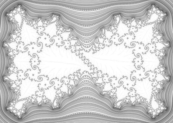 intricate black fractal boundary on white background

an S is decorated with Trees are decorated by S, etc, made out of spirals with thin filaments extending into the empty space.  dense rings of tiny details surround the figure.