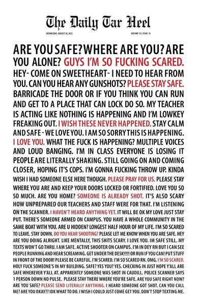 Cover of the Daily Tar Heel that includes the transcribed conversations and texts from people stuck inside school during a shooting.