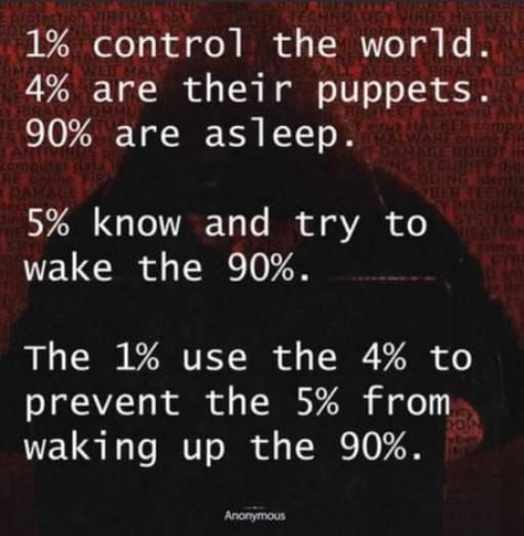 1% control the world
4% are their puppets. 
90% are asleep.

5% know this, and try to wake the 90%.

The 1% use the 4% to prevent the 5% from waking up the 90%.