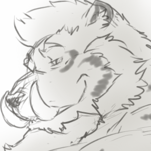 Gift art from Grisser.  Rough black and white digital headshot sketch of Raegn drawn from a side perspective.  He presents largely as a thick-built tiger with medium short hair coiffed upwards and a pronounced full beard.  Two boar-like tusks jut from the front of his muzzle one on each side, accenting a flirtatious or sly grin and gaze directed at the observer.