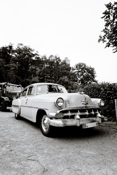 black and white photo of a old Chevrolet Handyman oldtimer car