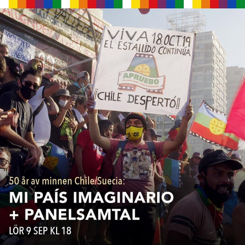 foto från Chile, estallido social.

Färgfoto av en folksamling/demonstration som håller i flaggor (mapuche, ffa) och skyltar. I ovankant whipalaflaggans färger, rutor av vitt, gult, orange, rött, violett, blått, grönt, vitt, gult, orange, etc.

På det synliga plakatet står:
VIVA 18.OCT.19
EL ESTALLIDO CONTINÚA
¡¡CHILE DESPERTÓ!!

På plakatet ett stort och tjockt A med mapuchefolkets flagga innanför a:ets konturer, över flaggan texten "APRUEBO"

Mapucheflaggan är tre horisontella fält av blått, grönt och rött, inramad i ovan- och underkant av smala svarta fält med liggande vita, kantiga (typ pixlade) romber. Mitt i flaggan en gul cultrún (mapuchefolkets trumma) med symboler i rött: Linjer, nymåne, spiraler, en stjärna, etc.