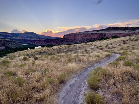 Desert mountain bike trail winding across landscape at sunset.