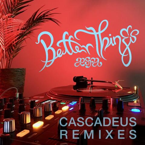 Levynkansikuva aespa Better Things Cascadeus Remixes musiikkikappaleeseen. Kuvassa näkyy tiskijukan työpiste eli mikseri ja vinyyllevysoittimet sekä palmupuun oksia hämyisessä voimakkaan punaisessa iltavalaistuksessa.