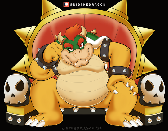 Bowser sits upon his throne with a smug grin.