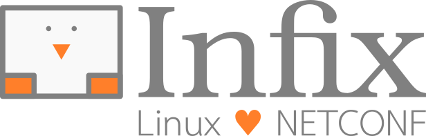 Infix logotype: a stylized penguin hiding in a square Ethernet RJ45 port.  The text says: Infix, with a subtitle: Linux 🧡 NETCONF. (The orange heart matches the color of the penguin's beak and feet.)