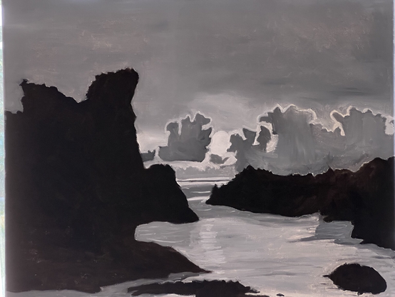A  coastal view towards a sunset. Huge dark rocks frame the view. The sun glows through the edge of the clouds. Just the underpainting - a work in progress