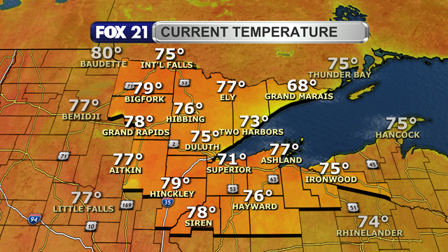 Temperatures in the Northland around 2:15 p.m. on Thursday, August 31, 2023, range from 68-degrees in Grand Marais to 79-degrees in Hinckley.  Most temperatures are in the mid-70s.