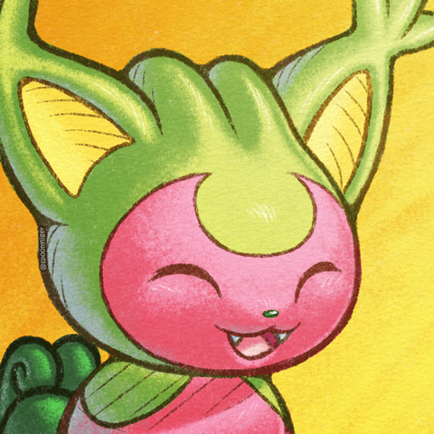 Digital bust artwork of a Pokémon original character based on Skitty and Treecko at a 3/4 angle looking forward towards the right side of the image with an open smile. Behind it is a gradient orange to yellow background.