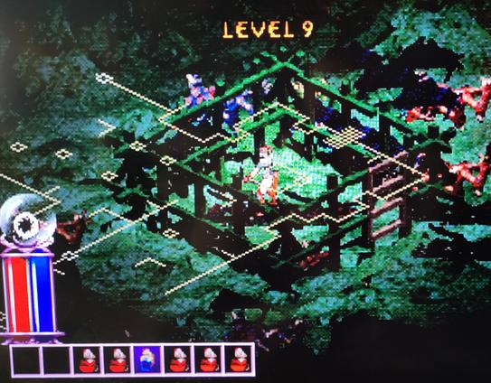 A cropped photo of my TV's screen where I'm emulating Diablo on my PS1 mini. My rogue character Alathra is inside one of the wood enclosures and the map is overlaid. You can also see health, mana, potions etc on the bottom left.