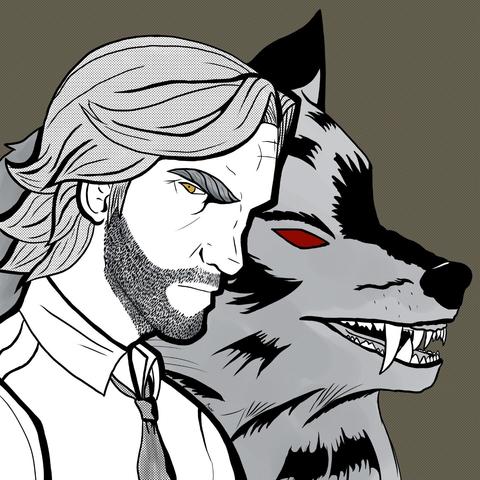 A profile portrait of bigby from the wolf among us. Behind him is a profile of his wolf form, both facing to the right. The only colour in the image are bigby’s golden eyes and the wolf’s red eyes