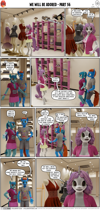 Comic: We Will Be Adored - Part 56 - Page 1/7 in which Sonata and Smoothie and Sonata meet Sweetie Belle while lingerie shopping.