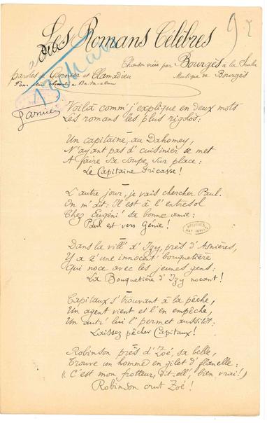 Paroles de la chanson Les Romans célèbres (1893)