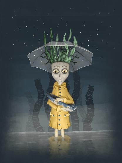 Digital illustration. 

A skinny young boy with a grey mask for a face and yellow eyes looking downwards, out of his head various cacti are growing through a translucent umbrella that seems to be fixed on his head also.

He wears a bright yellow raincoat with blue buttons and he is holding an old, shabby, white and blue rowing boat cradled in his arms.

He is standing to his ankles in some kind of lake and is reflected in it.

The background is a foggy, blue night scene with some kind of weird ladders growing into the sky, which is full of stars.