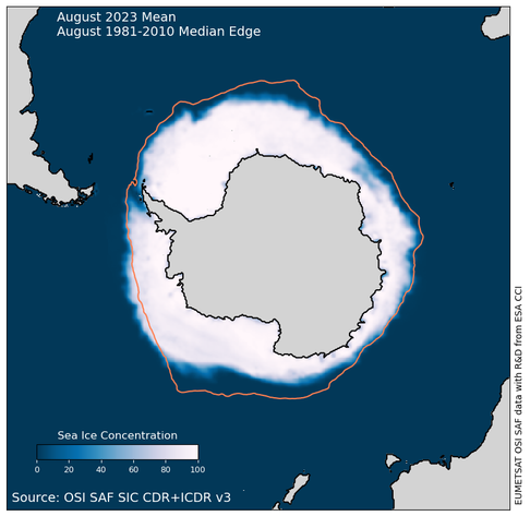 Map showing the Southern Ocean (blue) around Antarctica (grey in the middle) with the mean sea-ice cover for August 2023 (white). The median sea-ice edge for years 1981-2010 is the orange line.
