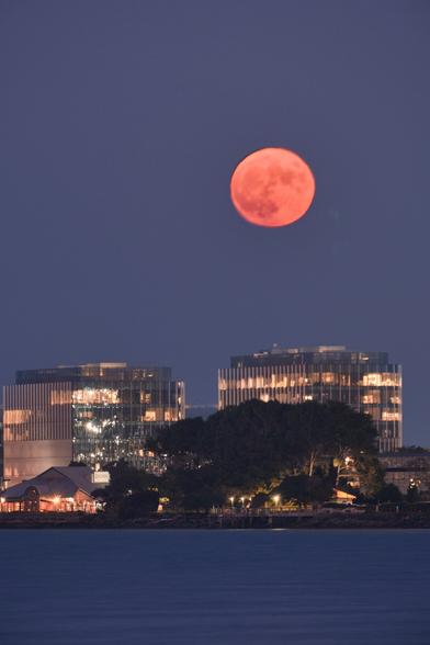 A bright red moon over some buildings.