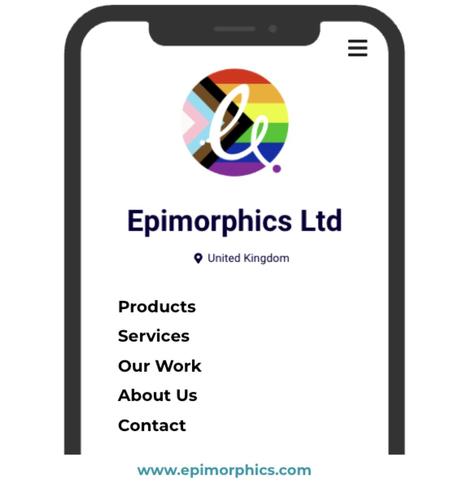 Decorative Image top half of a Templated iPhone screen with Epimorphics swish logo in top centre, followed by Epimorphics Ltd text and location logo for United Kingdom, then a short list of main website topics: Products, Services, Our Work, About Us and Contact. With www.epimorphics.com link under image