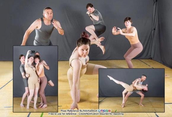 Multiple photos of four different people doing group poses, mostly action shots like running and jumping.