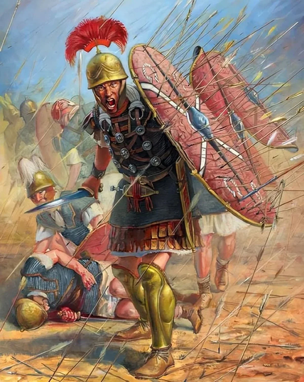 Illustration montrant un soldat romain en armure, avec un casque à panache, debout devant deux blessés, sous une pluie de flèches fichées dans son bouclier. Bref, un type qui passe une assez mauvaise journée.

Source : https://imperiumromanum.pl/en/battles/battle-of-dyrrachium/ (ça a pas l'air d'être le site le plus, euh, neutre sur l'histoire romaine)