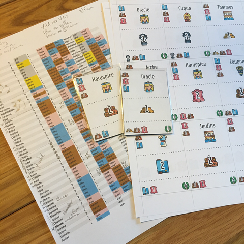 Un tableur avec des annotations, une planche de cartes et 2 cartes.
