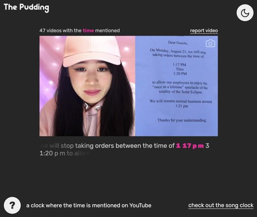 A clip from a website captioned "A clock where the time is mentioned on YouTube". It shows a thumbnail of a woman reading a letter from a restaurant that includes the time, 1:17pm"