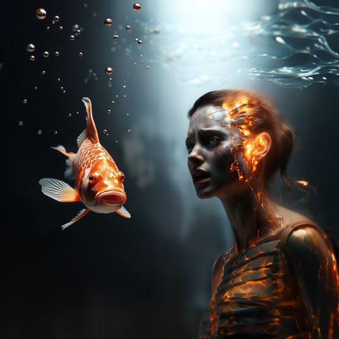 A synthetic person overloads and ignites inside while beholding a koi.