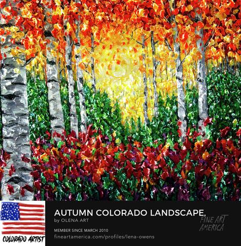 Autumn Colorado Landscape, Impressionist Impasto  🍁🍁🍁 https://fineartamerica.com/featured/autumn-colorado-landscape-impressionist-impasto-olena-art.html   🍁🍁🍁🍁. depicts the beauty of fall aspen trees painted with a palette knife. Featuring heavy texture applied with palette knives, this modern impressionist landscape oil painting Whether you're looking at a painting or taking in the natural beauty of the Rocky Mountains, Aspen Trees are always a sight to behold! #RockyMountains #AspenTrees #PaletteKnifeImpasto