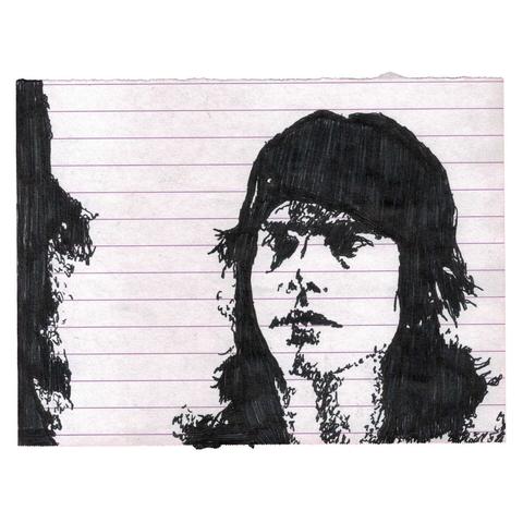 Pen drawing of a young Bill Paxton with shaggy hair looking into the distance drawn on a torn notebook page.