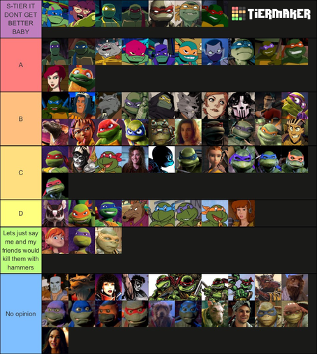 a tier maker list featuring the characters of the teenage mutant ninja turtles across all movies and tv shows.