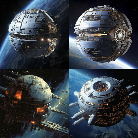 Fiktionale Bilder von 4 unterschiedlichen Kugelraumern im Orbit eines Planeten.