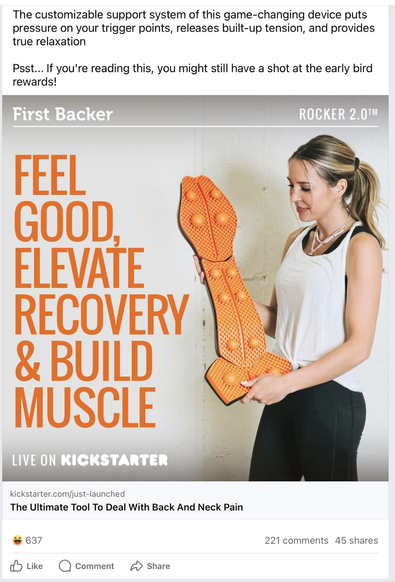 “Feel good, elevate recovery & build muscle” - woman holding a back massager that closely resembles a 4 foot phallus.