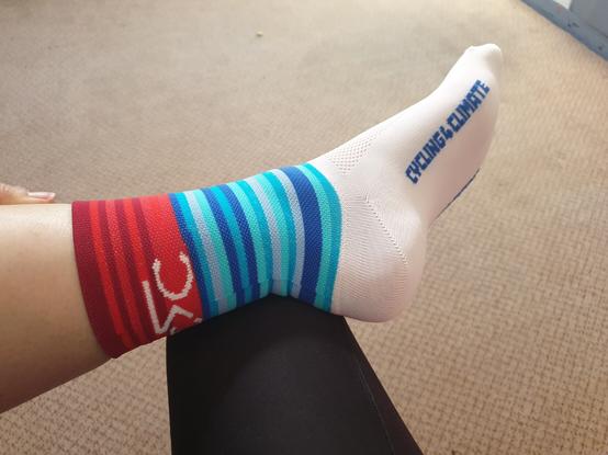 Chaussette rayée warming stripes : bleu rouge blanc 
"Cycling 4 climate" inscrit sur la plante