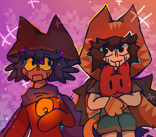 niko from oneshot and gin ibushi from your turn to die are standing next to each other, holding their signature items (niko holds a lightbulb, gin holds his Mew-chan plush/cushion). the background is an orange to purple gradient