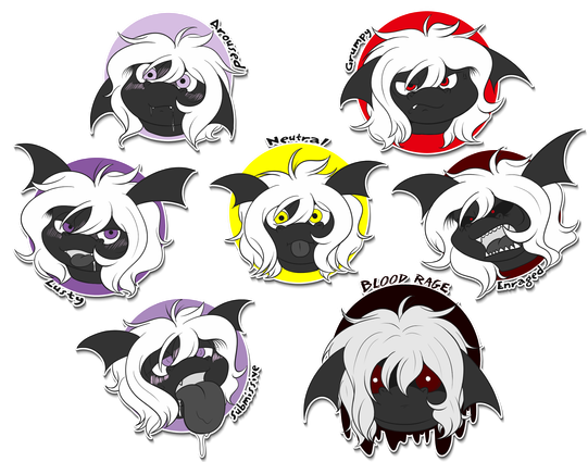 7 headshots of Tailisup the dragon representing his state-of-mind eye colour changes.

Yellow is a neutral state. Calm. Normal.

Lavenders are arousal.

Reds are fury, anger and rage.