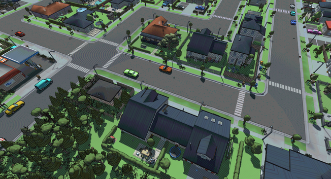 Screenshot of the first level of Garbage Crew showing a suburban neighborhood.
