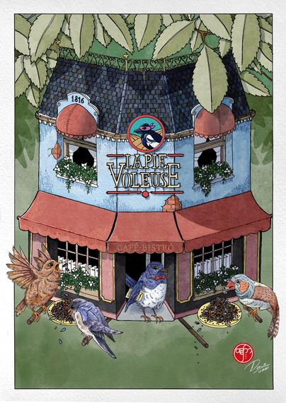Illustration of a bird feeder in the shape of a French Bistró. Hanging under tree leaves there is a cozy two stories building with a slate roof. On the lower floor there is a Café Bistró with a red awning. On the door, a blue and white bird with a bow tie and a menu under the wing. Outside, on perches, three little birds are eating seeds on the tables, near the restaurant windows, with white curtains and flowers. On the upper floor we have two windows with flowers and red semi dome awning. Over one of the windows it is the year 1826 (It is an old building) On the centre on the facade, there is the restaurant logo “La Pie Voleuse” (The thief magpie) with the symbol of a masked magpie in front of a cultivated field.