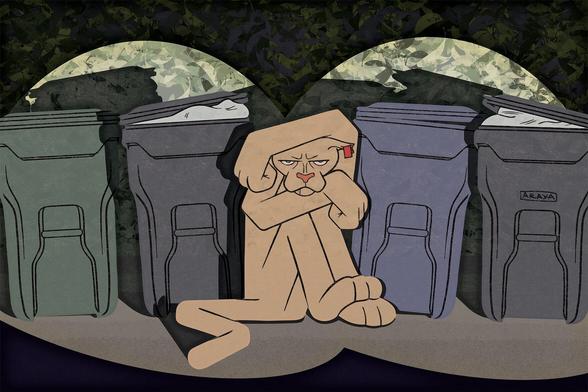 Illustration of a mountain lion crouched among a row of trash bins, illuminated by car headlights.