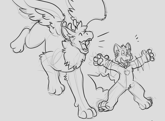 Peppi the Angel Dragon landing behind Kickhota letting out the loudest bray he can, causing him to eeep and flail with his tall all fluffed.