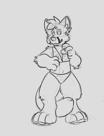 William the Grey Fox standing their nervously in a Purple Pokla Dot Bikini, the Bikini being very flat as would be the case.