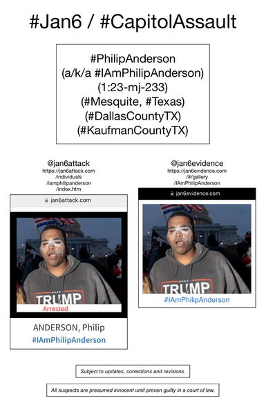 Photos of January 6th riot suspect Philip Anderson (Mesquite, Texas).