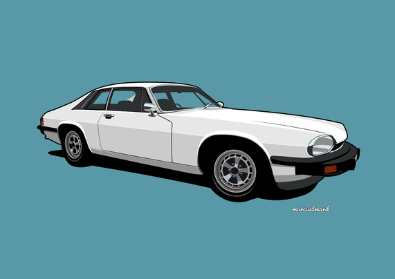 A drawing of a white Jaguar XJ-S as seen in the TV series, The Return Of The Saint